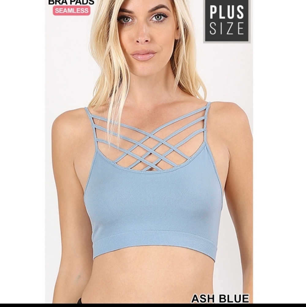 NEW! PLUS TRIPLE CRISS CROSS BRALETTE IN ASH BLUE SZ 1X/2X